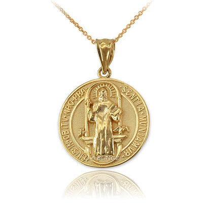 Solid Gold St. Benedict Reversible Medallion Charm Necklace (yellow, white, rose gold, 10k, 14k,) Karma Blingz