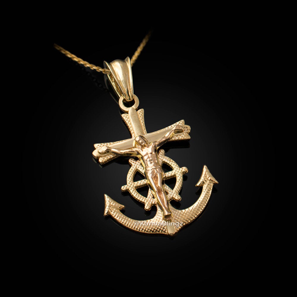 Gold Mariner Crucifix Cross Pendant Necklace (yellow, white, rose gold, 10k, 14k) Karma Blingz