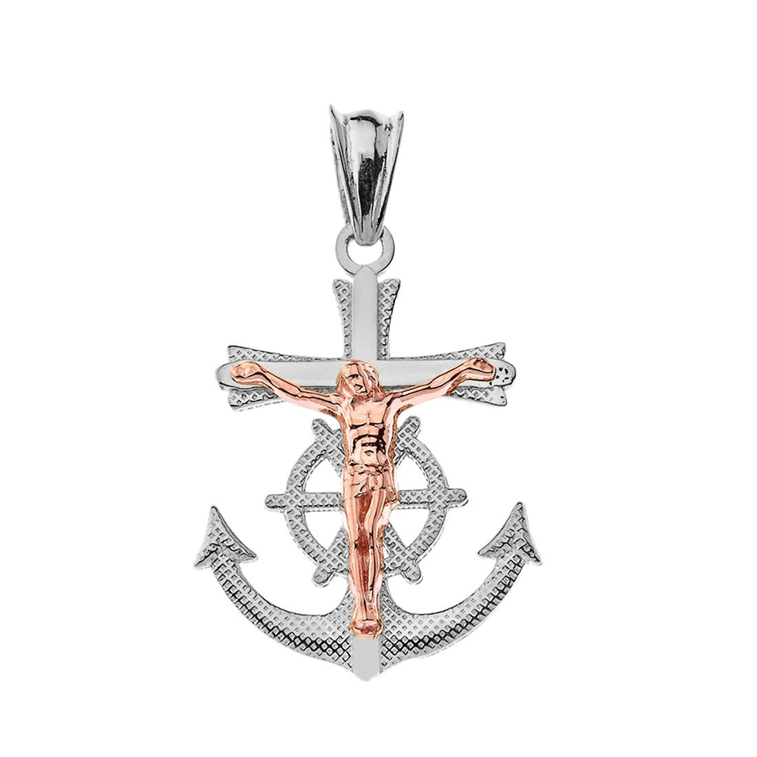 Two-Tone White and Rose Gold Mariner Crucifix Pendant Necklace (10K and 14K) Karma Blingz