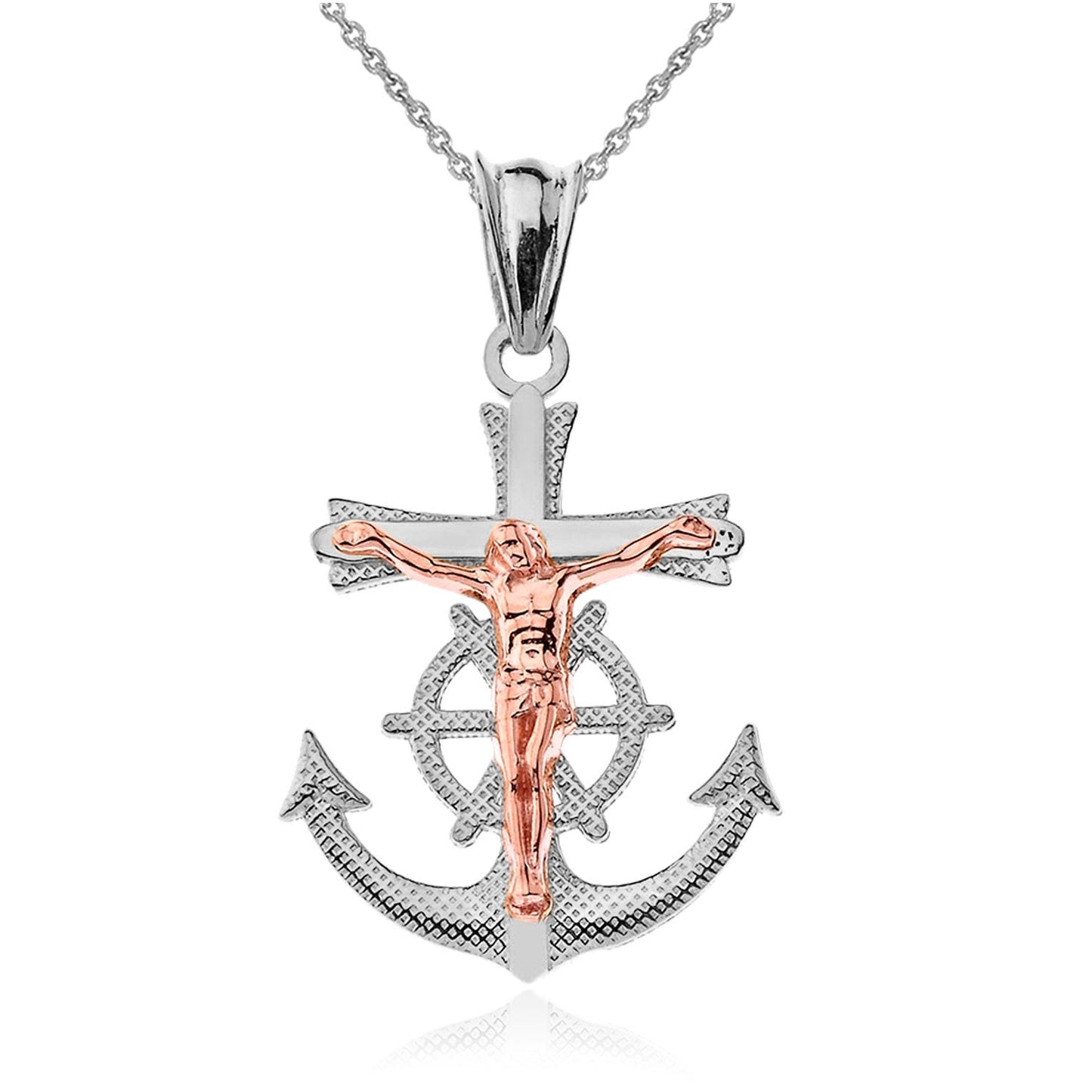 Two-Tone White and Rose Gold Mariner Crucifix Pendant Necklace (10K and 14K) Karma Blingz