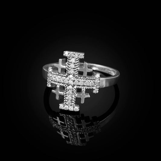 Sterling Silver Jerusalem Cross Clear CZ Ring Karma Blingz