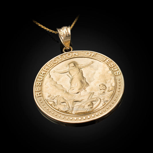 Gold Resurrection of Jesus Round Medallion Pendant Necklace (yellow, white, rose gold, 10k, 14k) Karma Blingz