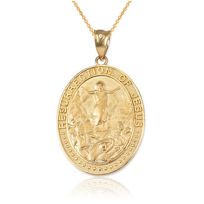 Gold Resurrection of Jesus Oval Medallion Pendant Necklace (yellow, white, rose gold, 10k, 14k) Karma Blingz