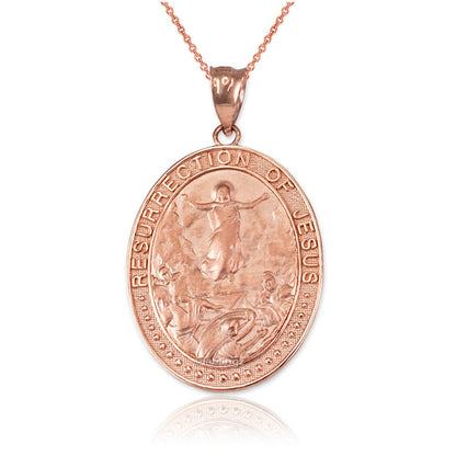 Gold Resurrection of Jesus Oval Medallion Pendant Necklace (yellow, white, rose gold, 10k, 14k) Karma Blingz