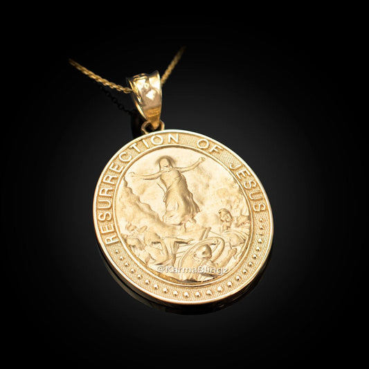 Gold Resurrection of Jesus Oval Medallion Pendant Necklace (yellow, white, rose gold, 10k, 14k) Karma Blingz