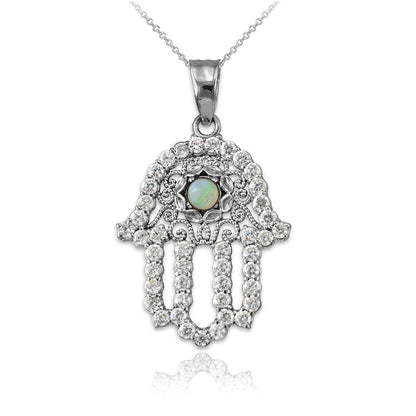 Sterling Silver Filigree Hamsa White Opal CZ Charm Necklace Karma Blingz