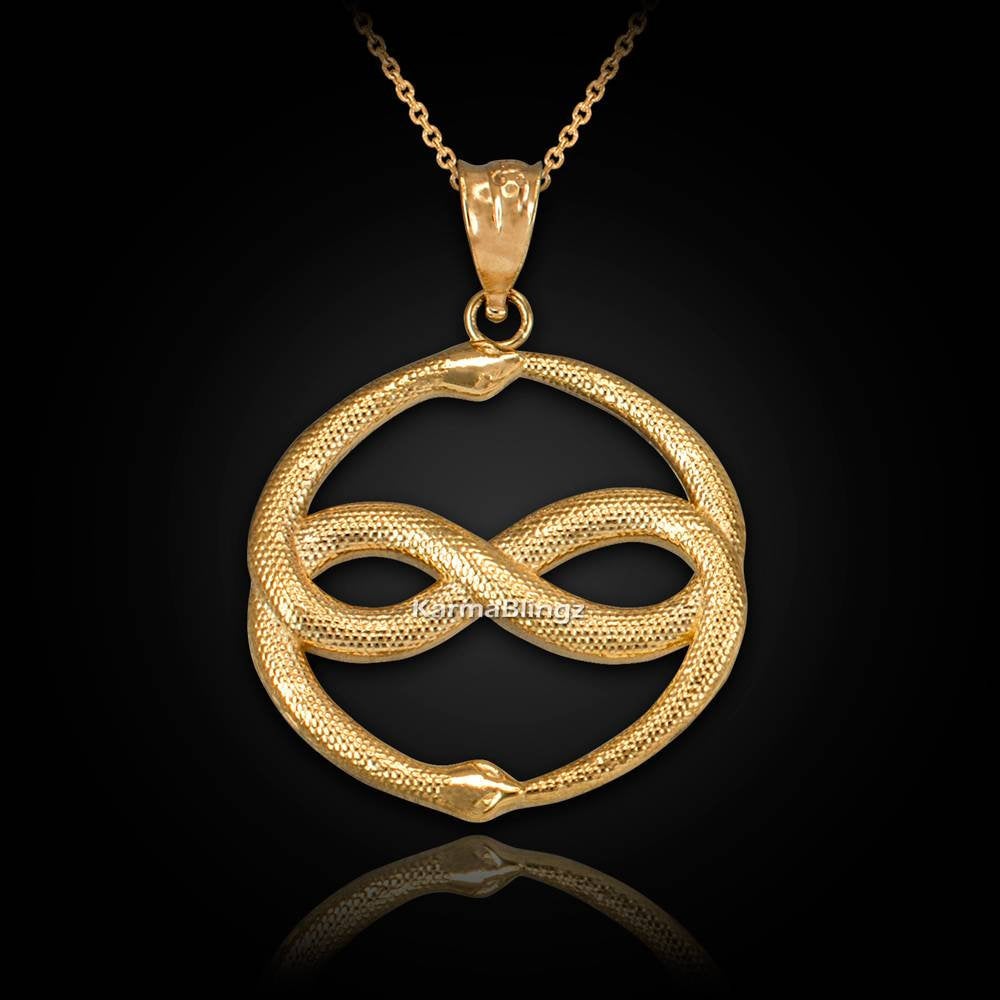 Gold Double Ouroboros Infinity Snakes Pendant Necklace (yellow, white, rose gold, 10k, 14k) Karma Blingz