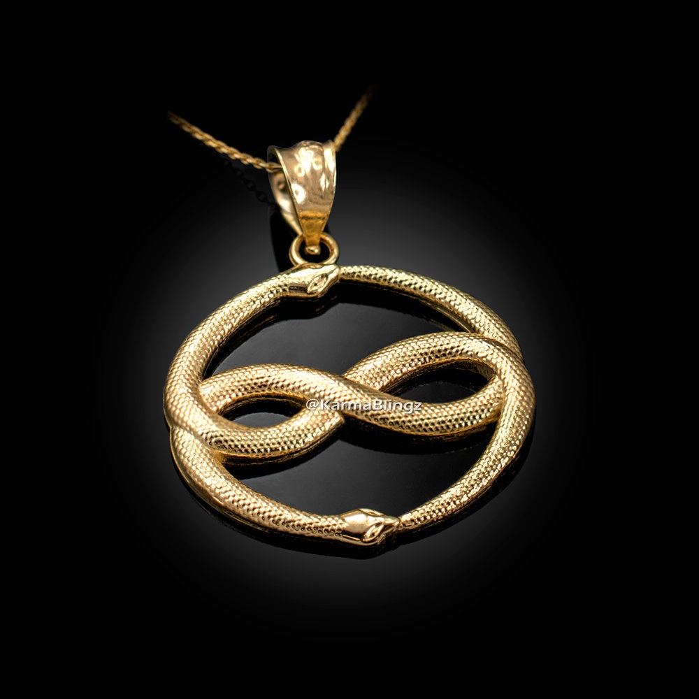Gold Double Ouroboros Infinity Snakes Pendant Necklace (yellow, white, rose gold, 10k, 14k) Karma Blingz