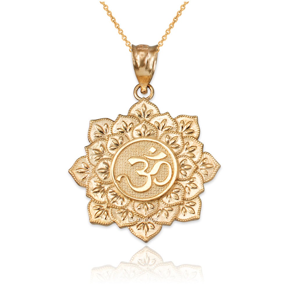 Gold Om Lotus Mandala Pendant Necklace (yellow, white, rose gold, 10k, 14k) Karma Blingz