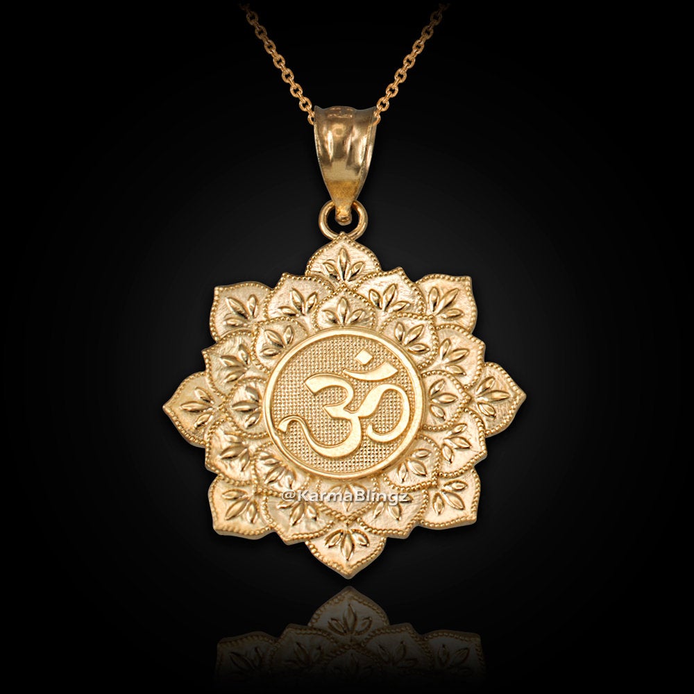 Gold Om Lotus Mandala Pendant Necklace (yellow, white, rose gold, 10k, 14k) Karma Blingz