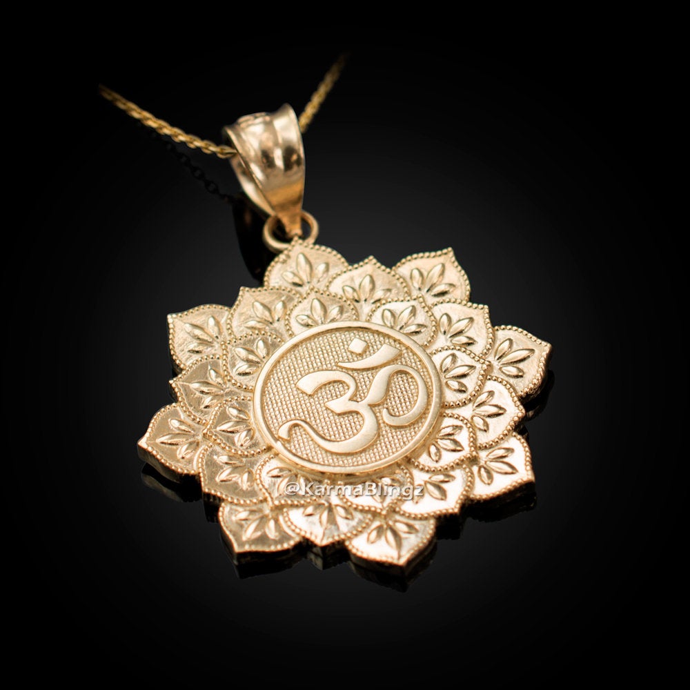 Gold Om Lotus Mandala Pendant Necklace (yellow, white, rose gold, 10k, 14k) Karma Blingz