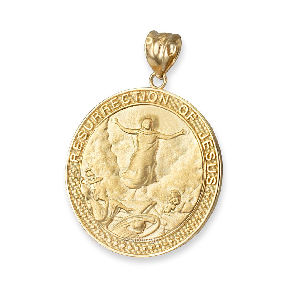 Gold Resurrection of Jesus Round Medallion Pendant Necklace (yellow, white, rose gold, 10k, 14k) Karma Blingz