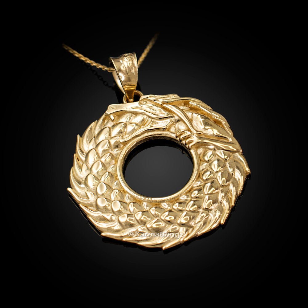 Gold Ouroboros Dragon Pendant Necklace (yellow, white, rose gold, 10k, 14k) Karma Blingz