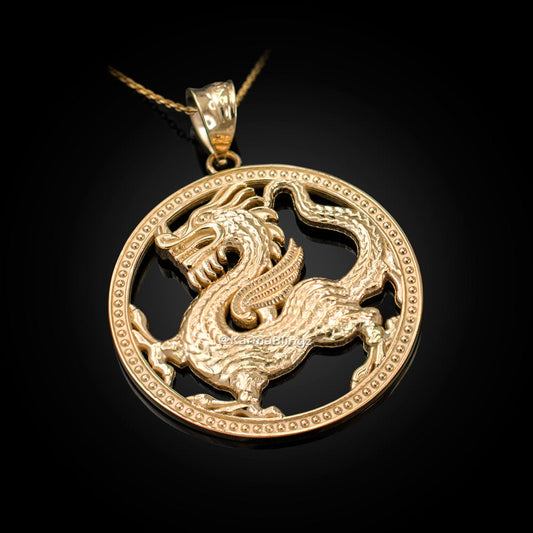 Gold Chinese Dragon Open Medallion Pendant Necklace (yellow, white, rose gold, 10k, 14k) Karma Blingz