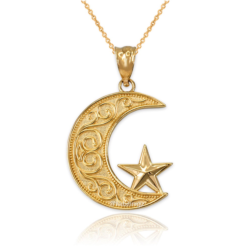 Gold Islamic Crescent Moon Pendant Necklace (yellow, white, rose gold, 10k, 14k) Karma Blingz