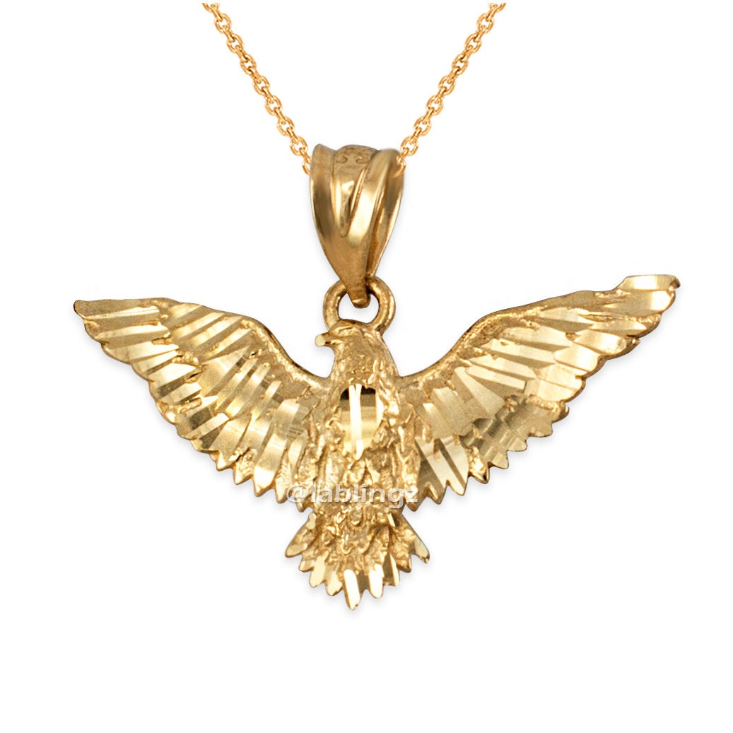 Solid Gold Falcon Eagle DC Pendant Necklace (yellow, white, rose gold, 10k, 14k) Karma Blingz
