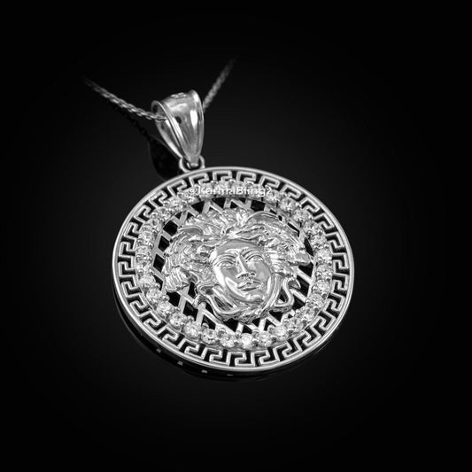 Sterling Silver Medusa CZ Medallion Pendant Necklace Karma Blingz