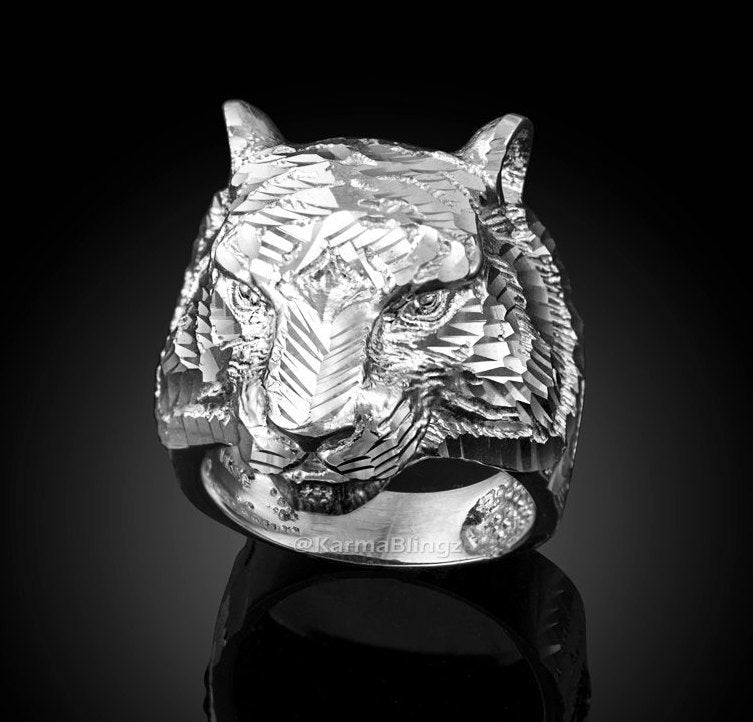 Sterling Silver Tiger Head Mens DC Statement Ring Karma Blingz