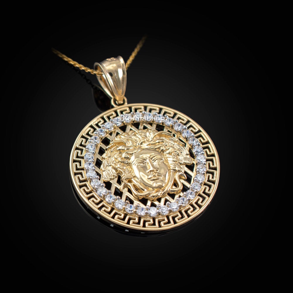 Gold Medusa CZ Medallion Pendant Necklace (yellow, white, rose gold, 10k, 14k) Karma Blingz
