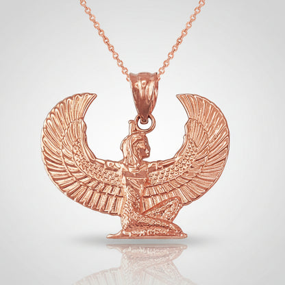 Gold Egyptian Isis Winged Goddess Pendant Necklace (yellow, white, rose gold, 10k, 14k) Karma Blingz
