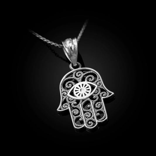 Sterling Silver Hamsa Evil Eye Filigree Charm Necklace Karma Blingz