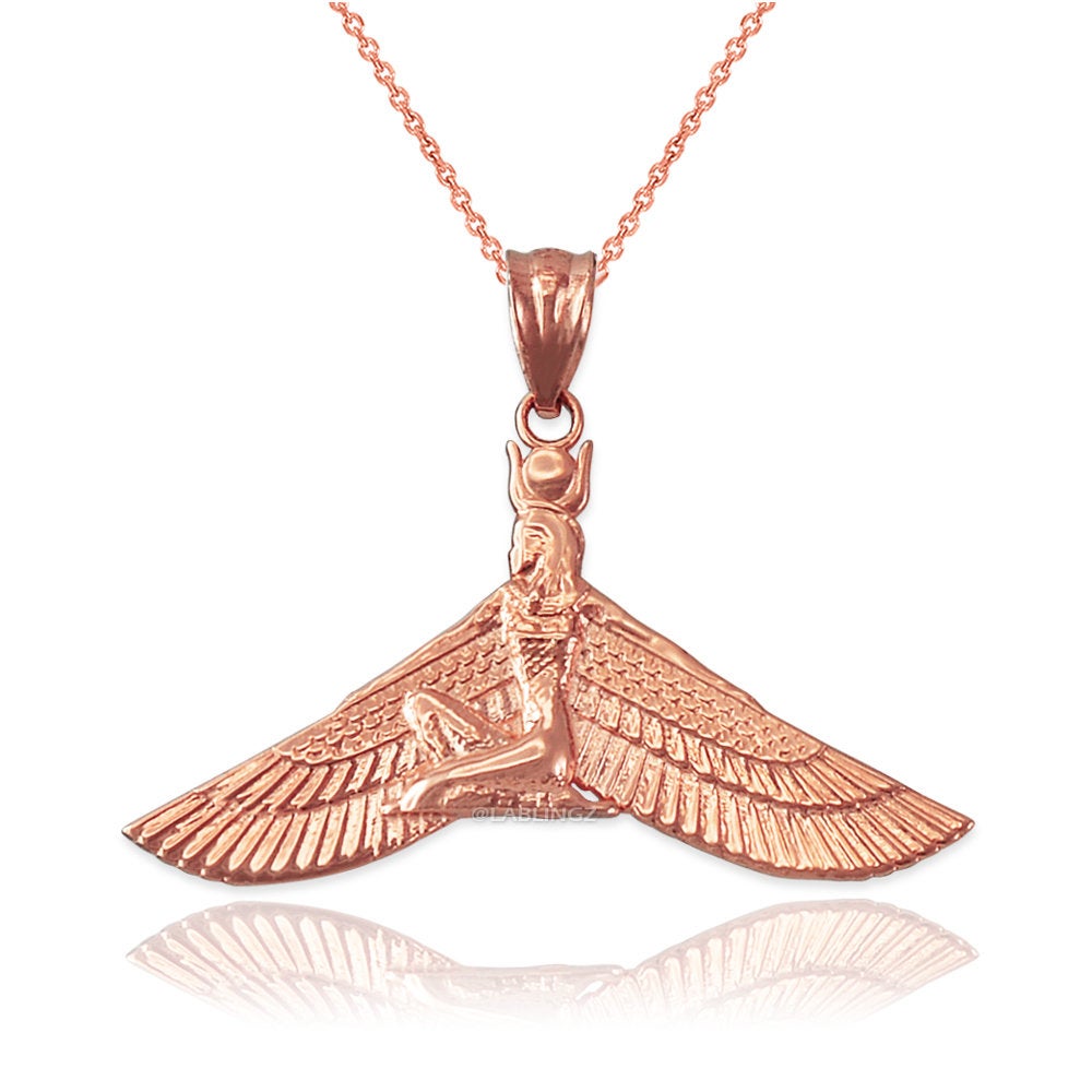 Gold Isis Egyptian Winged Goddess Pendant Necklace (yellow, white, rose gold, 10k, 14k) Karma Blingz