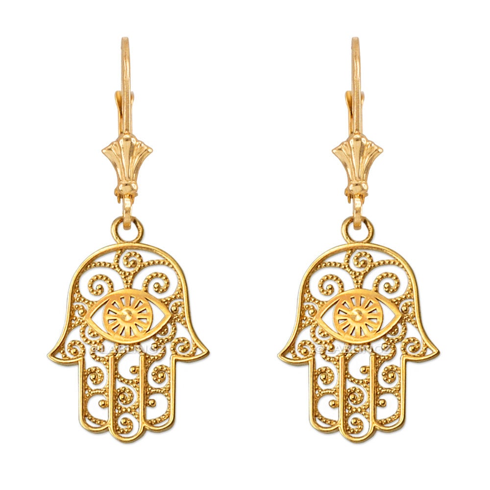 Gold Hamsa Evil Eye Filigree Earrings (yellow, white, rose gold) Karma Blingz