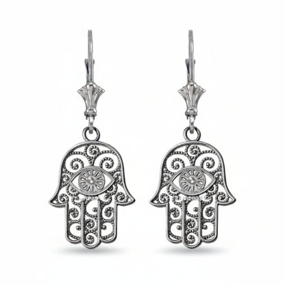 Sterling Silver Hamsa Evil Eye Filigree Earrings Karma Blingz