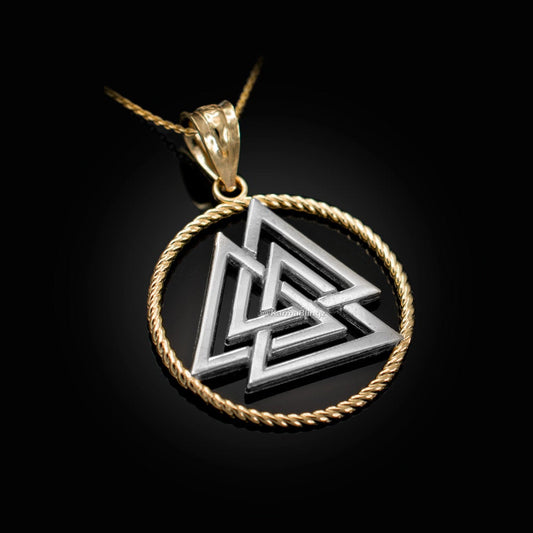 Gold Viking Valknut Pendant Necklace (yellow, white, rose, 2-tone gold, 10K, 14K) Karma Blingz