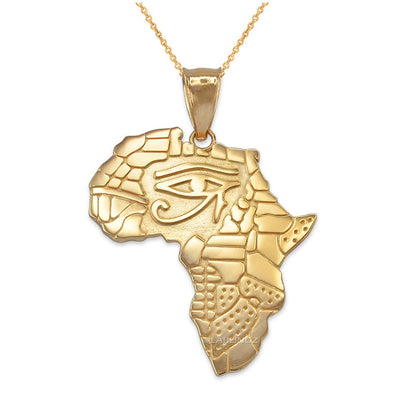 Gold Eye of Horus Africa Map Pendant Necklace (yellow, white, rose, 2-tone gold, 10K, 14K) Karma Blingz