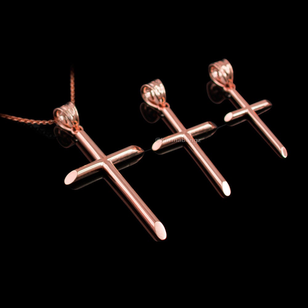 10K Rose Gold Plain Tube Cross Charm Necklace ( S/M/L) Karma Blingz
