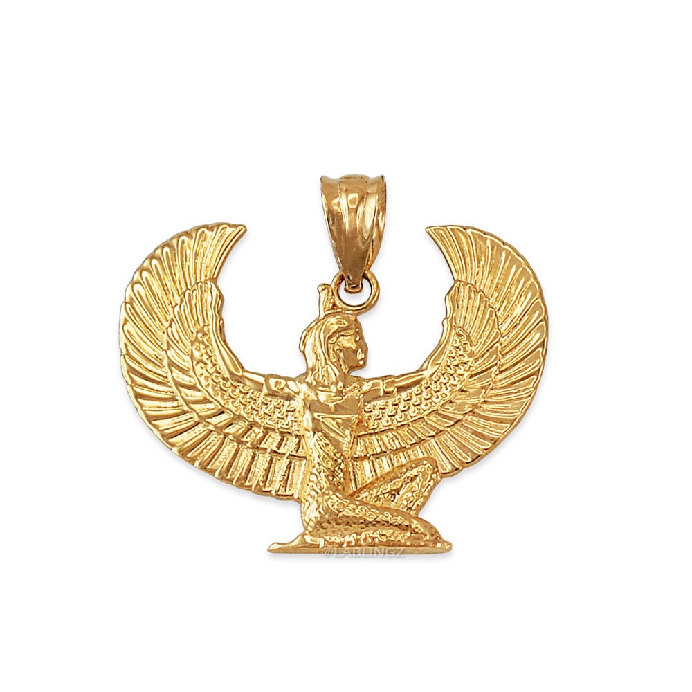 Gold Egyptian Isis Winged Goddess Pendant Necklace (yellow, white, rose gold, 10k, 14k) Karma Blingz