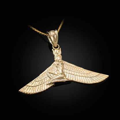 Gold Isis Egyptian Winged Goddess Pendant Necklace (yellow, white, rose gold, 10k, 14k) Karma Blingz