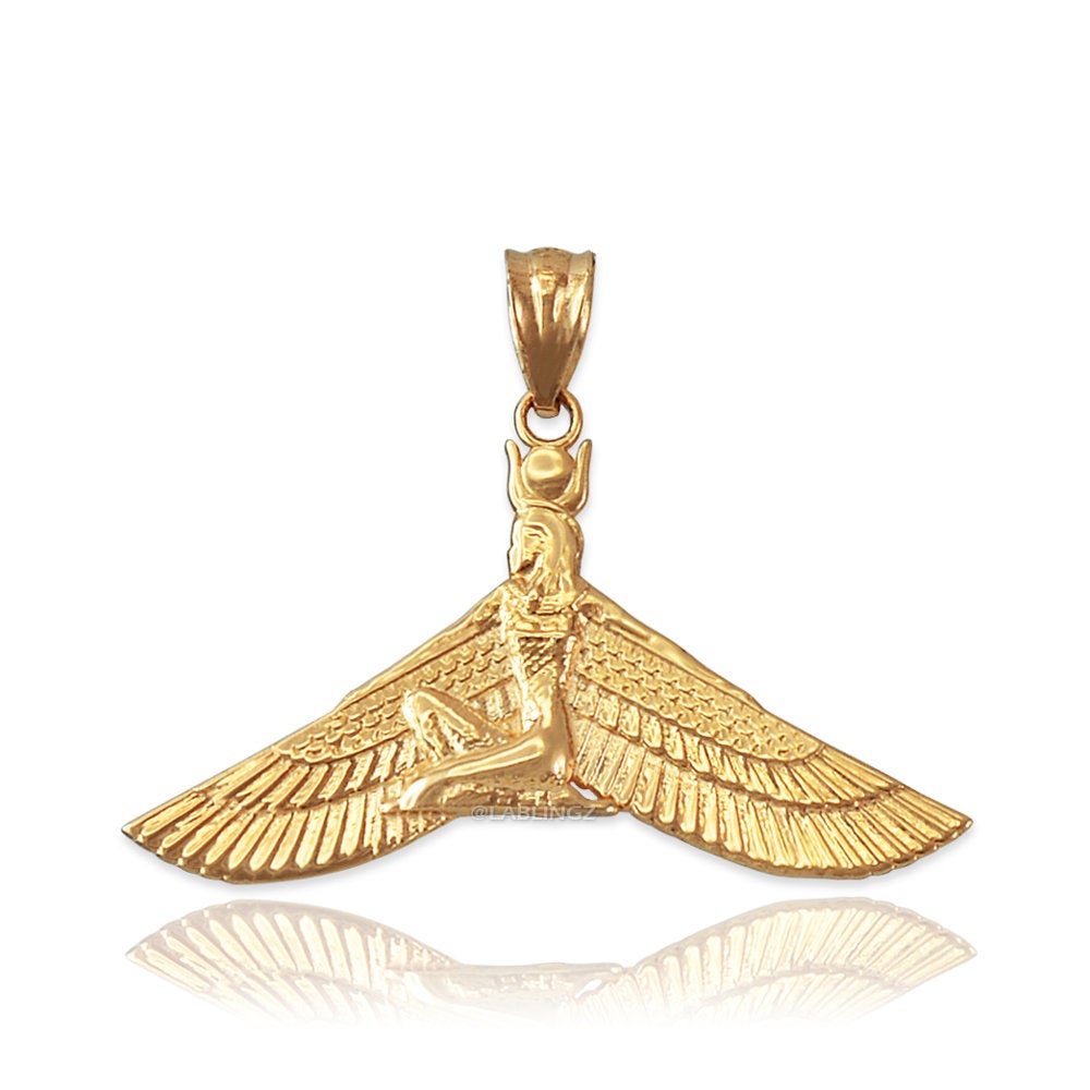 Gold Isis Egyptian Winged Goddess Pendant Necklace (yellow, white, rose gold, 10k, 14k) Karma Blingz