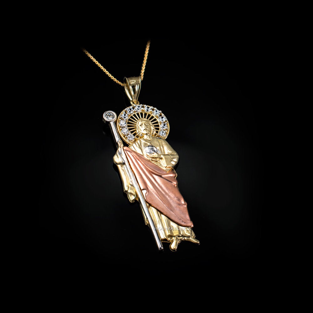 Gold Saint Jude CZ Pendant Necklace (yellow, white, rose, 2-tone, 3-tone, 10k, 14k) Karma Blingz