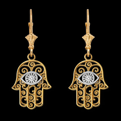 Gold Hamsa Evil Eye Filigree Earrings (yellow, white, rose gold) Karma Blingz