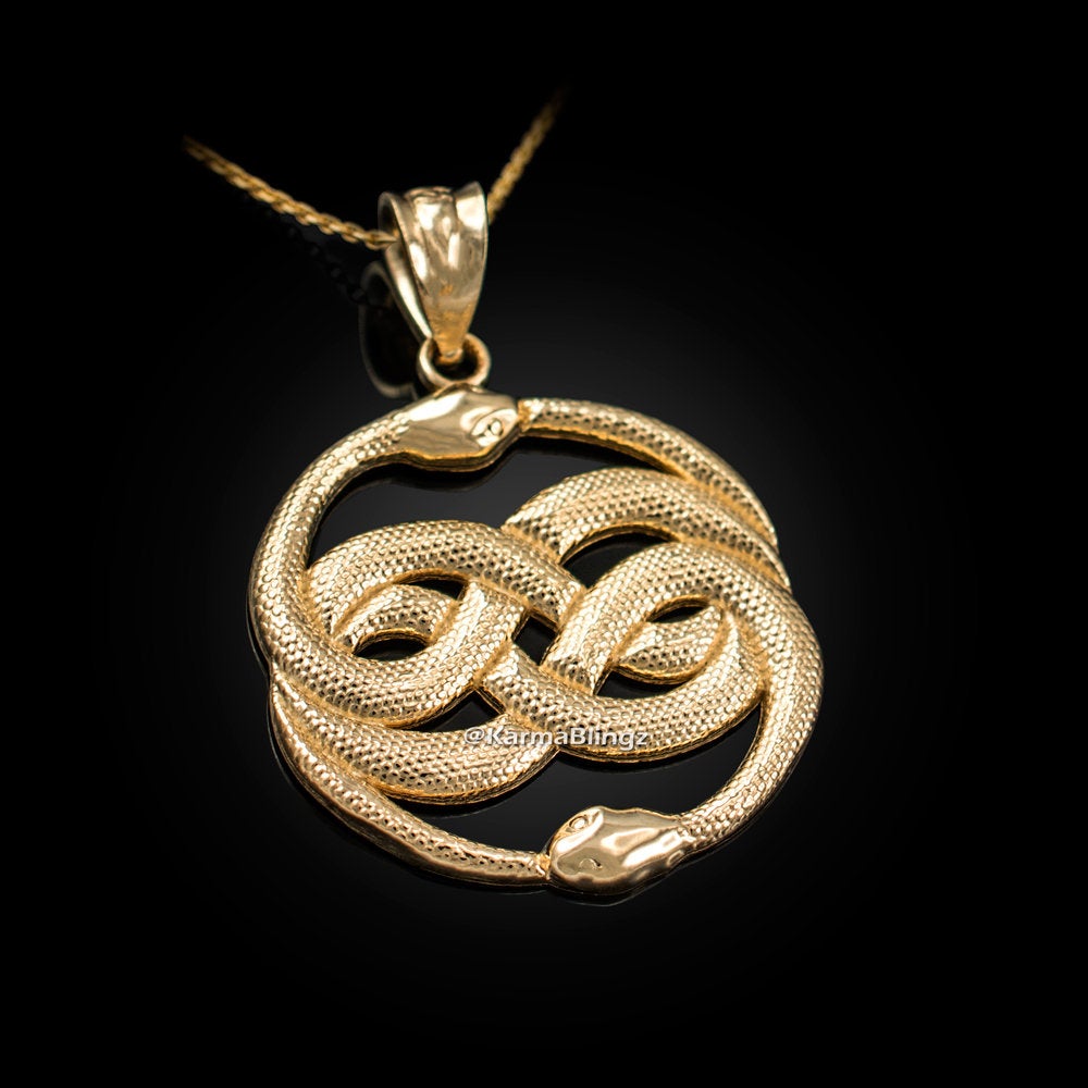 Gold Double Infinity Ouroboros Snakes Pendant Necklace (yellow, white, rose gold, 10k, 14k) Karma Blingz