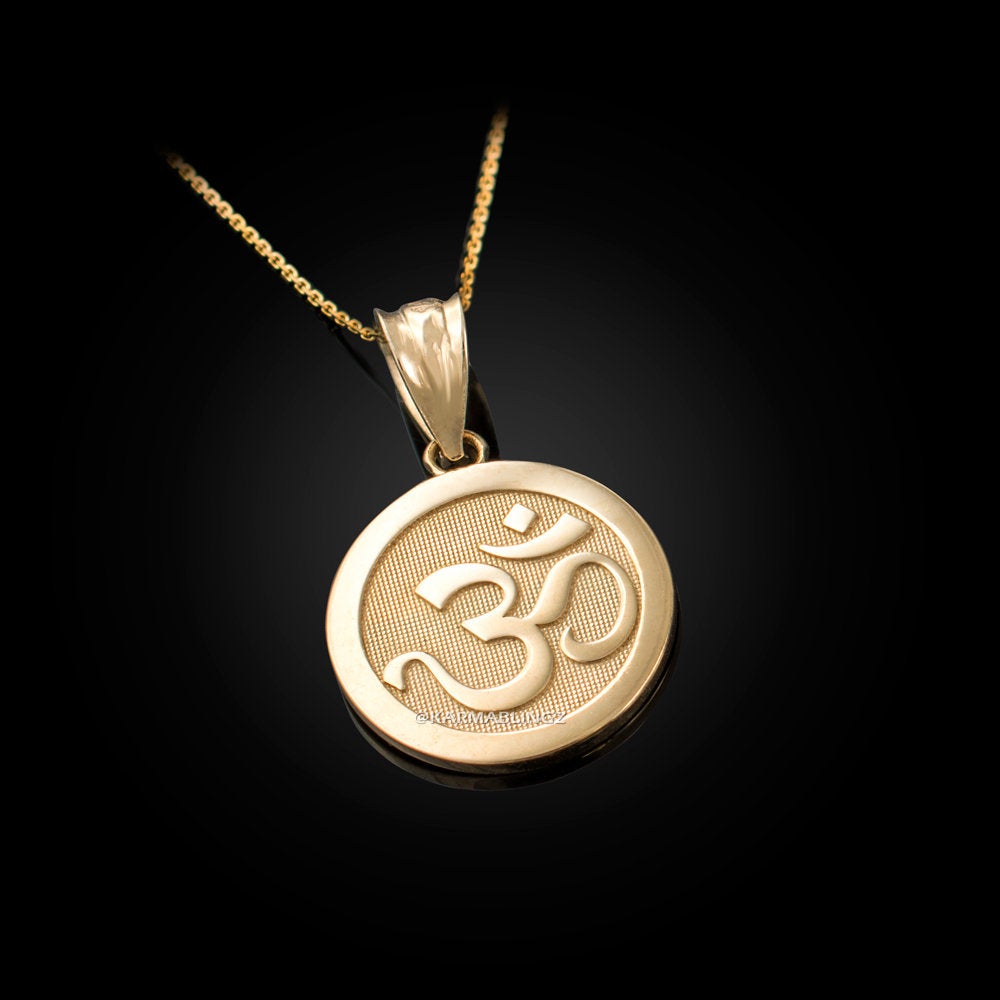 Gold Om Yoga Medallion Charm Necklace (yellow, white, rose gold, 10K, 14K) Karma Blingz
