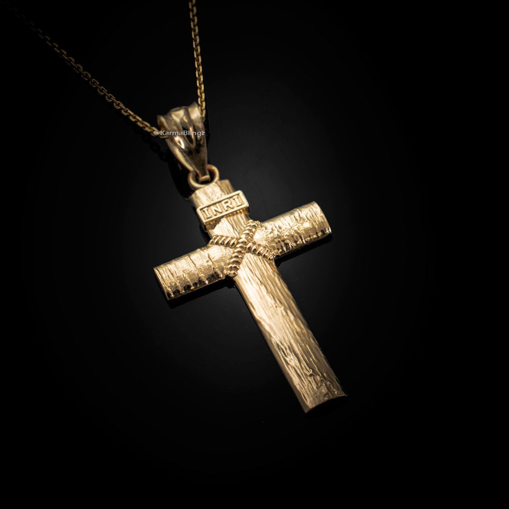 Gold Woodgrain Rope INRI Cross Pendant Necklace (10K, 14K, yellow, white, rose gold) Karma Blingz
