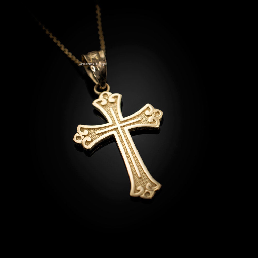 Gold Fleur de Lis Cross Pendant Necklace (10K, 14K, yellow, white, rose gold) Karma Blingz