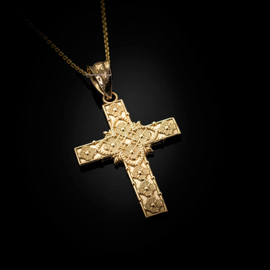 Gold Floral Latin Cross Pendant Necklace (10K, 14K, yellow, white, rose gold) Karma Blingz