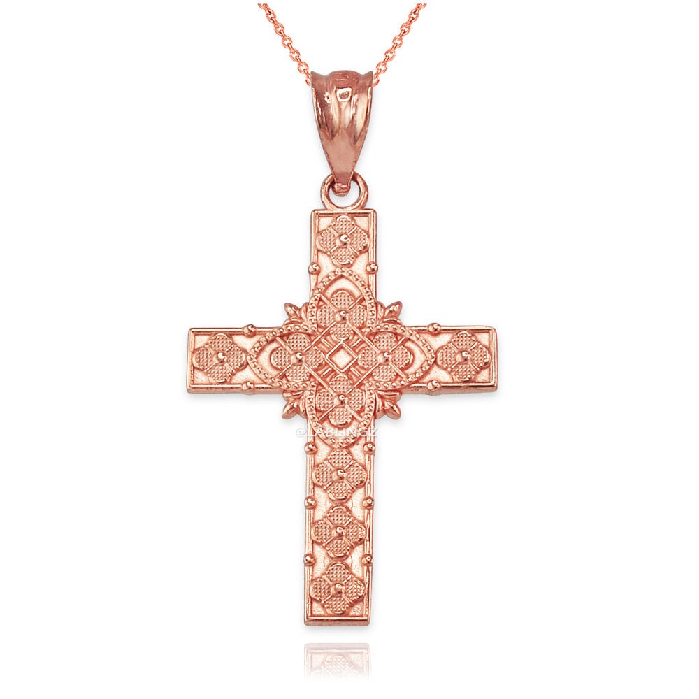 Gold Floral Latin Cross Pendant Necklace (10K, 14K, yellow, white, rose gold) Karma Blingz