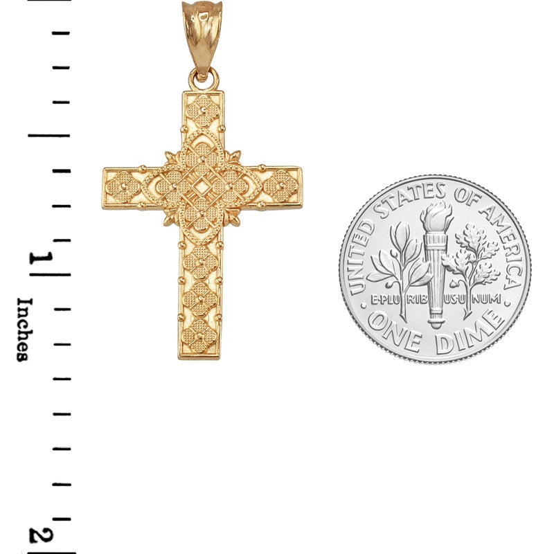 Gold Floral Latin Cross Pendant Necklace (10K, 14K, yellow, white, rose gold) Karma Blingz