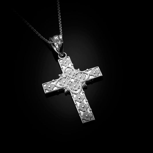 Sterling Silver Floral Latin Cross Pendant Necklace Karma Blingz