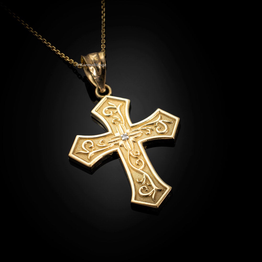 Gold Christian Passion Cross Diamond Pendant Necklace (yellow, white, rose gold, 10K, 14K) Karma Blingz
