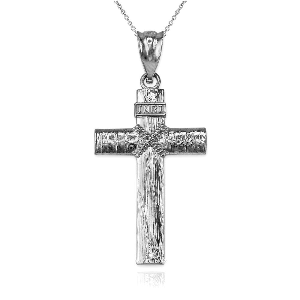 Sterling Silver Woodgrain Rope INRI Cross Pendant Necklace Karma Blingz