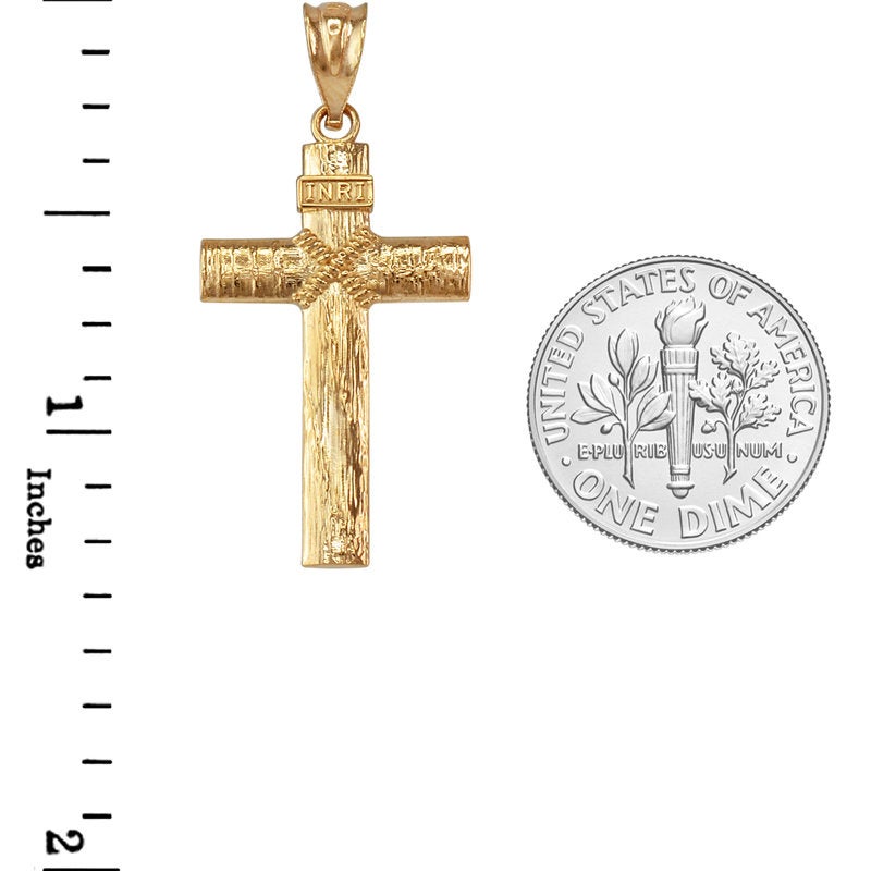 Gold Woodgrain Rope INRI Cross Pendant Necklace (10K, 14K, yellow, white, rose gold) Karma Blingz