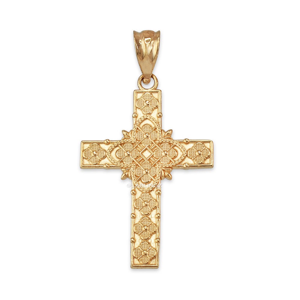 Gold Floral Latin Cross Pendant Necklace (10K, 14K, yellow, white, rose gold) Karma Blingz