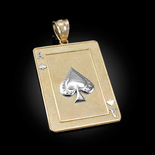 Gold Ace of Spades Poker Card Pendant (yellow, white, rose, 2-tone, 10K, 14K) Karma Blingz