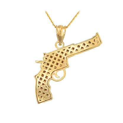 Gold Revolver Gun Pendant Necklace (10k, 14k, yellow, white, rose gold) Karma Blingz